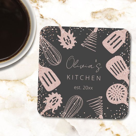 パーソナライズされたバラ金ゴールドグリッター料理ツール スクエアペーパーコースター
