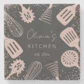 パーソナライズされたバラ金ゴールドグリッター料理ツール ストーンコースター (正面)