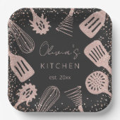 パーソナライズされたバラ金ゴールドグリッター料理ツール ペーパープレート (正面)