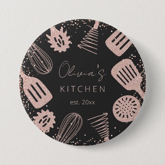 パーソナライズされたバラ金ゴールドグリッター料理ツール 缶バッジ (正面)