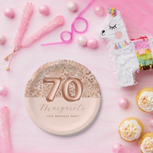 パーソナライズされたバラ金ゴールドレオパード印刷70誕生日 ペーパープレート (パーティー)