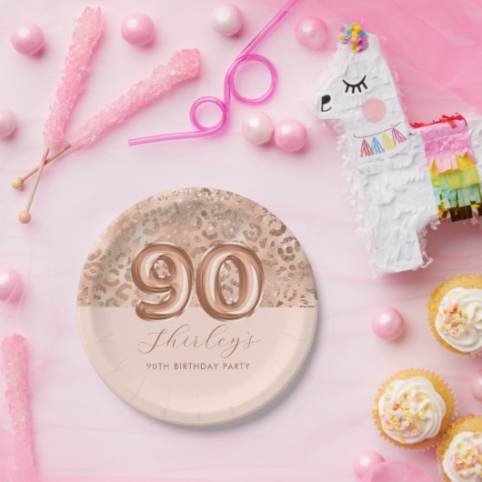 パーソナライズされたバラ金ゴールドレオパード印刷90誕生日 ペーパープレート (パーティー)