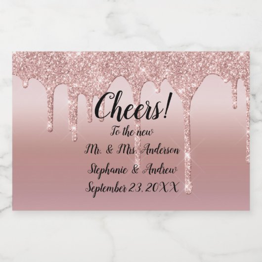 パーソナライズされたバラ金ゴールド滴下グリッターミニ スパークリングワインラベル (シングルラベル)