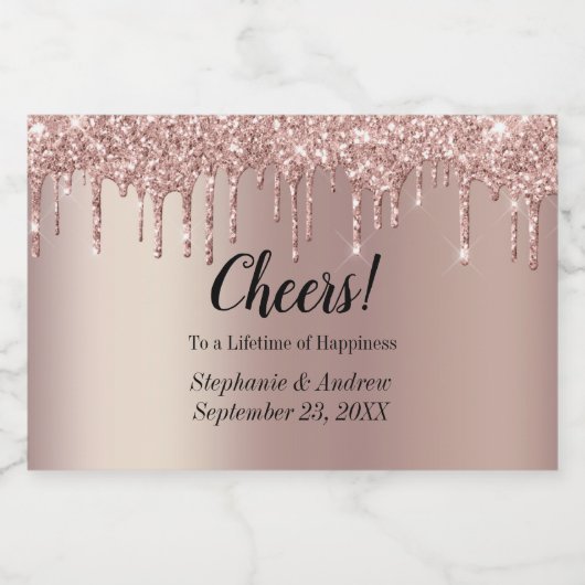 パーソナライズされたバラ金ゴールド滴下グリッター結婚ズ スパークリングワインラベル (シングルラベル)