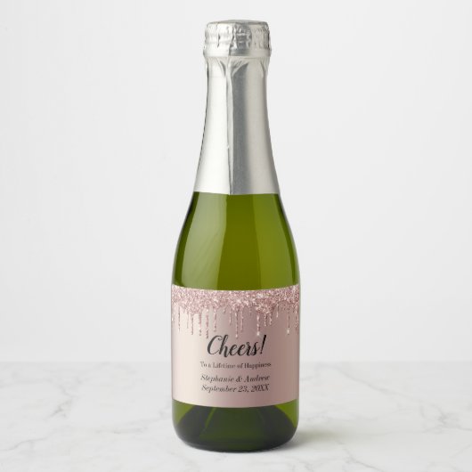 パーソナライズされたバラ金ゴールド滴下グリッター結婚ズ スパークリングワインラベル (正面)