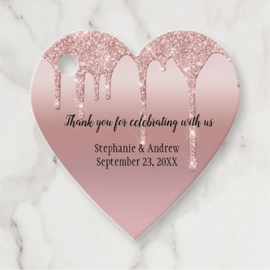 パーソナライズされたバラ金ゴールド滴下グリッター結婚ズ フェイバータグ (正面)