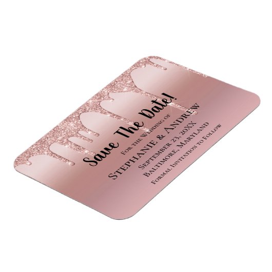 パーソナライズされたバラ金ゴールド滴下グリッター赤面ピンク マグネット (左側)