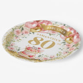 パーソナライズされたバラ金ゴールド80番目の誕生日紙プレート ペーパープレート (アングル)