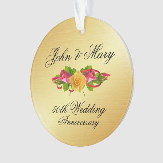 パーソナライズされたバラ・金ゴールド50周年結婚記念 オーナメント (正面)
