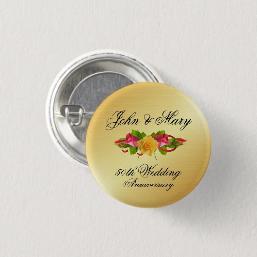 パーソナライズされたバラ・金ゴールド50周年結婚記念 缶バッジ (正面&裏面)