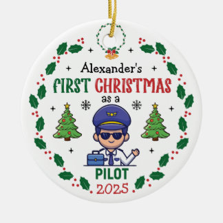 パーソナライズされたパイロット初めてのクリスマスツリーラウンド セラミックオーナメント
