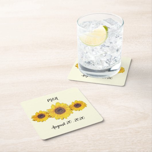 パーソナライズされたヒマワリ結婚オ スクエアペーパーコースター (インサイチュ)
