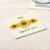 パーソナライズされたヒマワリ結婚オ スクエアペーパーコースター (アングル)