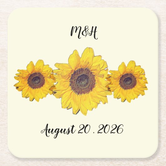 パーソナライズされたヒマワリ結婚オ スクエアペーパーコースター (正面)