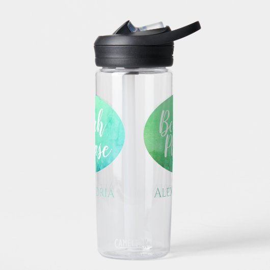パーソナライズされたビーチお願いティール（緑がかった色）アクア ウォーターボトル (左面)