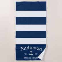 パーソナライズされたビーチタオル – 青と白航海の