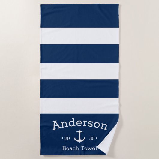 パーソナライズされたビーチタオル – 青と白航海の ビーチタオル (正面)