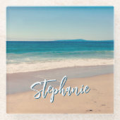 パーソナライズされたビーチ写真海ブルー風光明媚 ガラスコースター (正面)