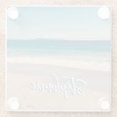 パーソナライズされたビーチ写真海ブルー風光明媚 ガラスコースター (裏面)