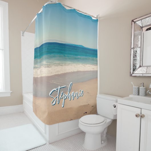 パーソナライズされたビーチ写真海ブルー風光明媚 シャワーカーテン (インサイチュ)