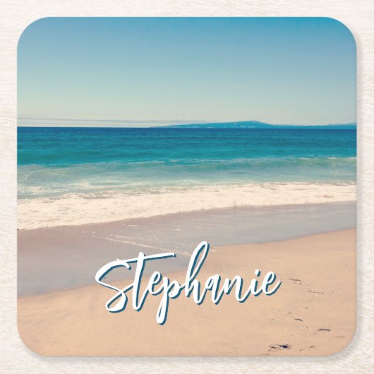 パーソナライズされたビーチ写真海ブルー風光明媚 スクエアペーパーコースター (正面)