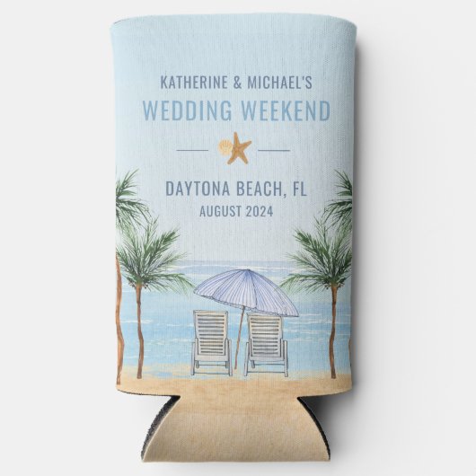 パーソナライズされたビーチ結婚式クーラーボックス スリム缶クーラー (正面)