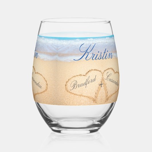 パーソナライズされたビーチ結婚式ハートイン・サンド・フェイバー ステムなしワイングラス (裏面)