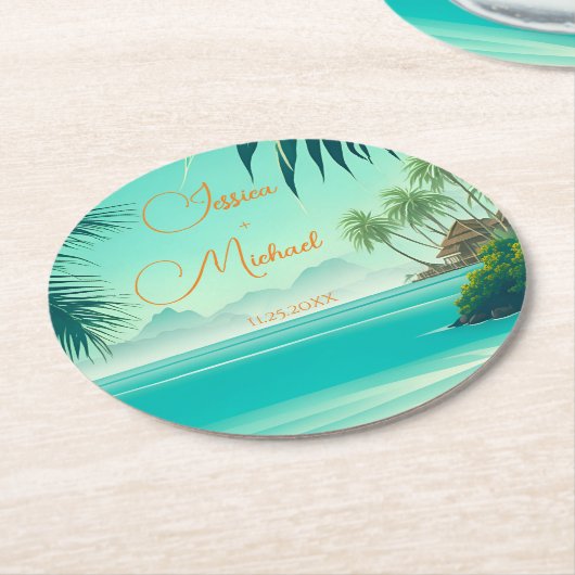 パーソナライズされたビーチ結婚式ビープキープサケ ラウンドペーパーコースター (アングル)
