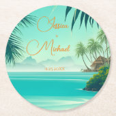 パーソナライズされたビーチ結婚式ビープキープサケ ラウンドペーパーコースター (正面)