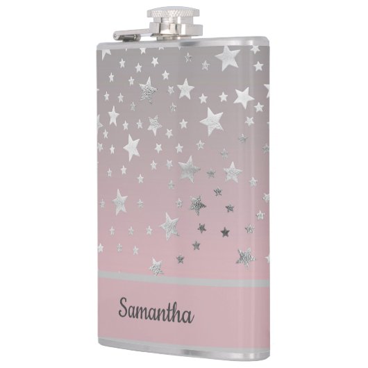 パーソナライズされたピンクとグレーの星のスタイリッシュでおしゃれなデザイン フラスク (左)
