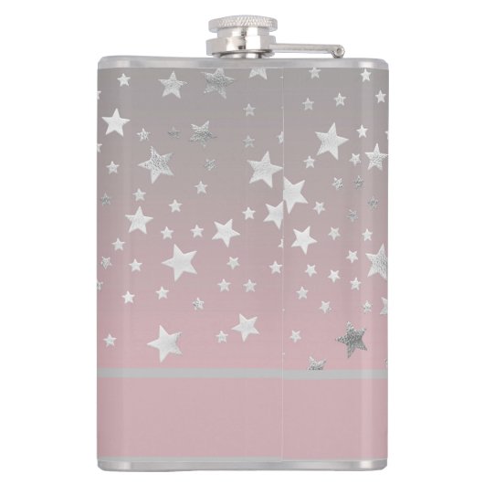 パーソナライズされたピンクとグレーの星のスタイリッシュでおしゃれなデザイン フラスク (裏面)