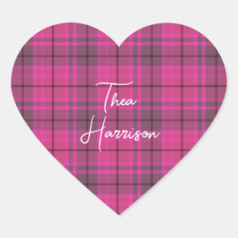 パーソナライズされたピンクとパープルのプレッピーなチェック柄タータン ハートシール