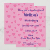 パーソナライズされたピンクのハートのパーティー招待状 招待状 (正面/裏面)