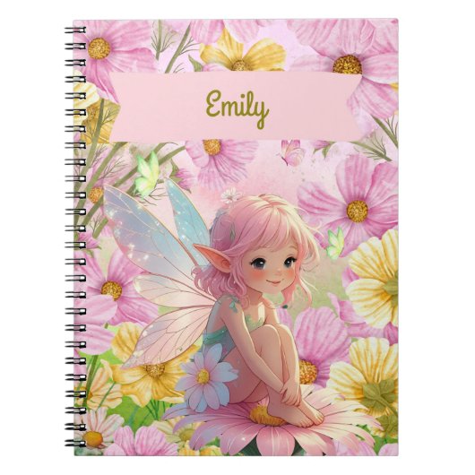 パーソナライズされたピンクの妖精の書き物と絵日記 ノートブック (正面)