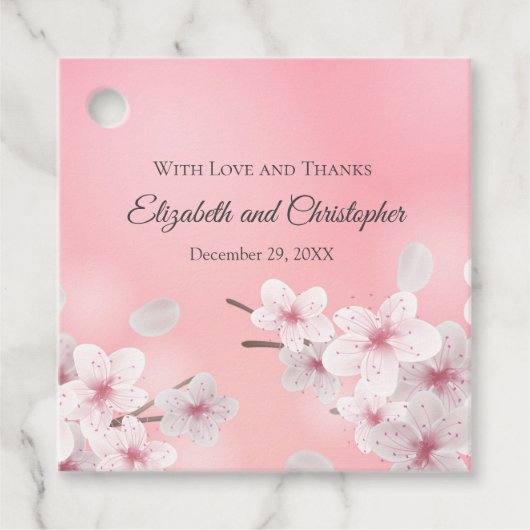 パーソナライズされたピンクの白いフローラ結婚披露宴 フェイバータグ (正面)