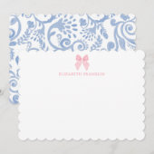 パーソナライズされたピンクの蝶リボン ギンガム 赤ちゃんステーショナリー ノートカード (正面/裏面)