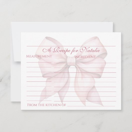 パーソナライズされたピンクの蝶リボン ブライダルシャワーレシピ カード (正面)