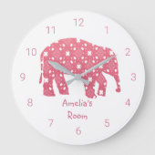 パーソナライズされたピンクの象の寝室 ラージ壁時計 (正面)