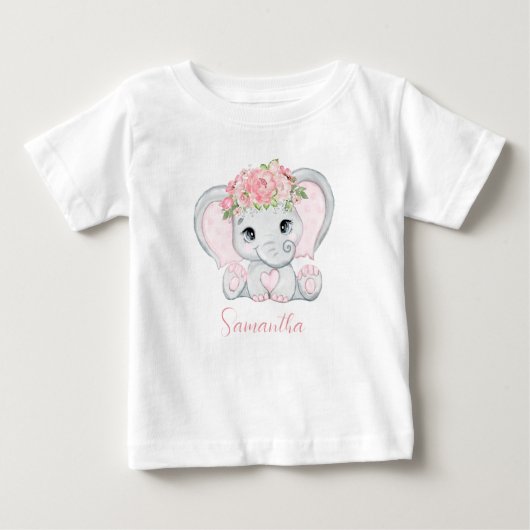 パーソナライズされたピンクの赤ちゃん象 女の子の赤ちゃんシャワーギフト ベビーTシャツ (正面)