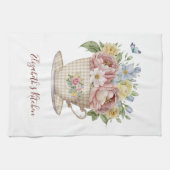 パーソナライズされたピンクイエロー青の花のテアカップ キッチンタオル (横)