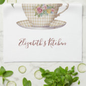 パーソナライズされたピンクイエロー青の花のティーカップ キッチンタオル (折り畳み)