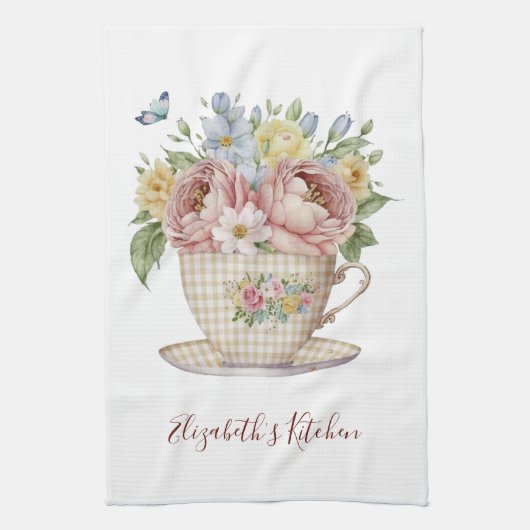 パーソナライズされたピンクイエロー青の花のティーカップ キッチンタオル (縦)
