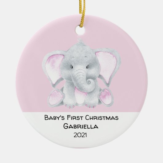パーソナライズされたピンクエレファントバビー初めてのクリスマス セラミックオーナメント (正面)