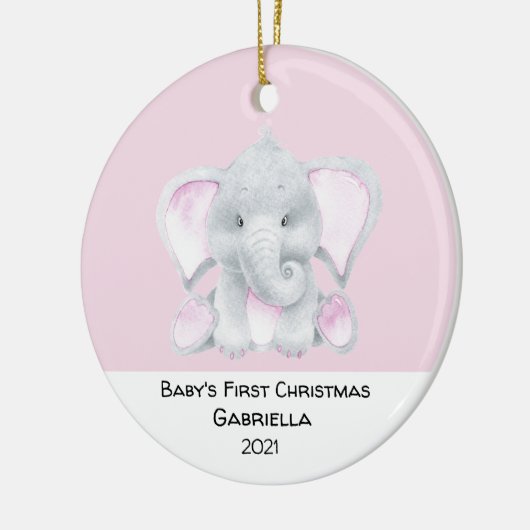 パーソナライズされたピンクエレファントバビー初めてのクリスマス セラミックオーナメント (左)