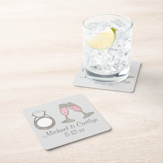 パーソナライズされたピンクシャンパーニュ結婚ーダイヤモンドリングや輪 スクエアペーパーコースター (インサイチュ)