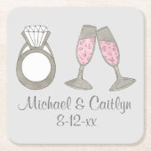 パーソナライズされたピンクシャンパーニュ結婚ーダイヤモンドリングや輪 スクエアペーパーコースター (正面)