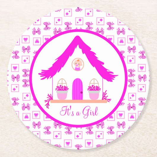 パーソナライズされたピンクハウス女の子だ ラウンドペーパーコースター (正面)