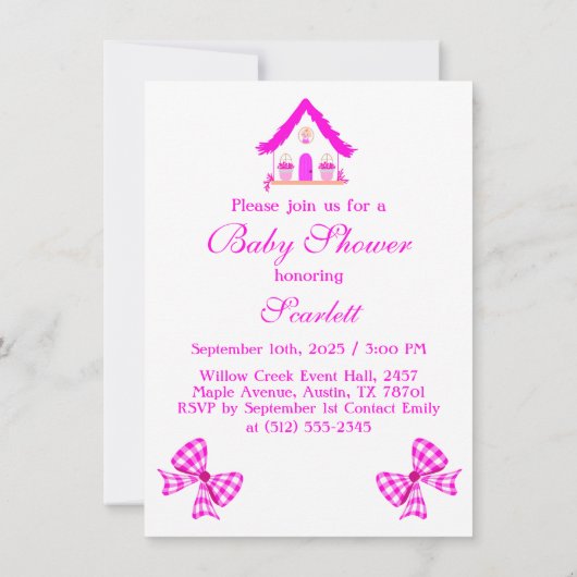 パーソナライズされたピンクハウス女の子だ 招待状 (裏面)