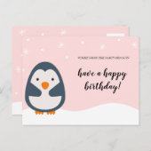 -パーソナライズされたピンクペ図解入りの、写真付きのンギン誕生日 ポストカード (正面/裏面)