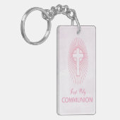パーソナライズされたピンク最初の聖餐式クロスホスト キーホルダー (正面左)